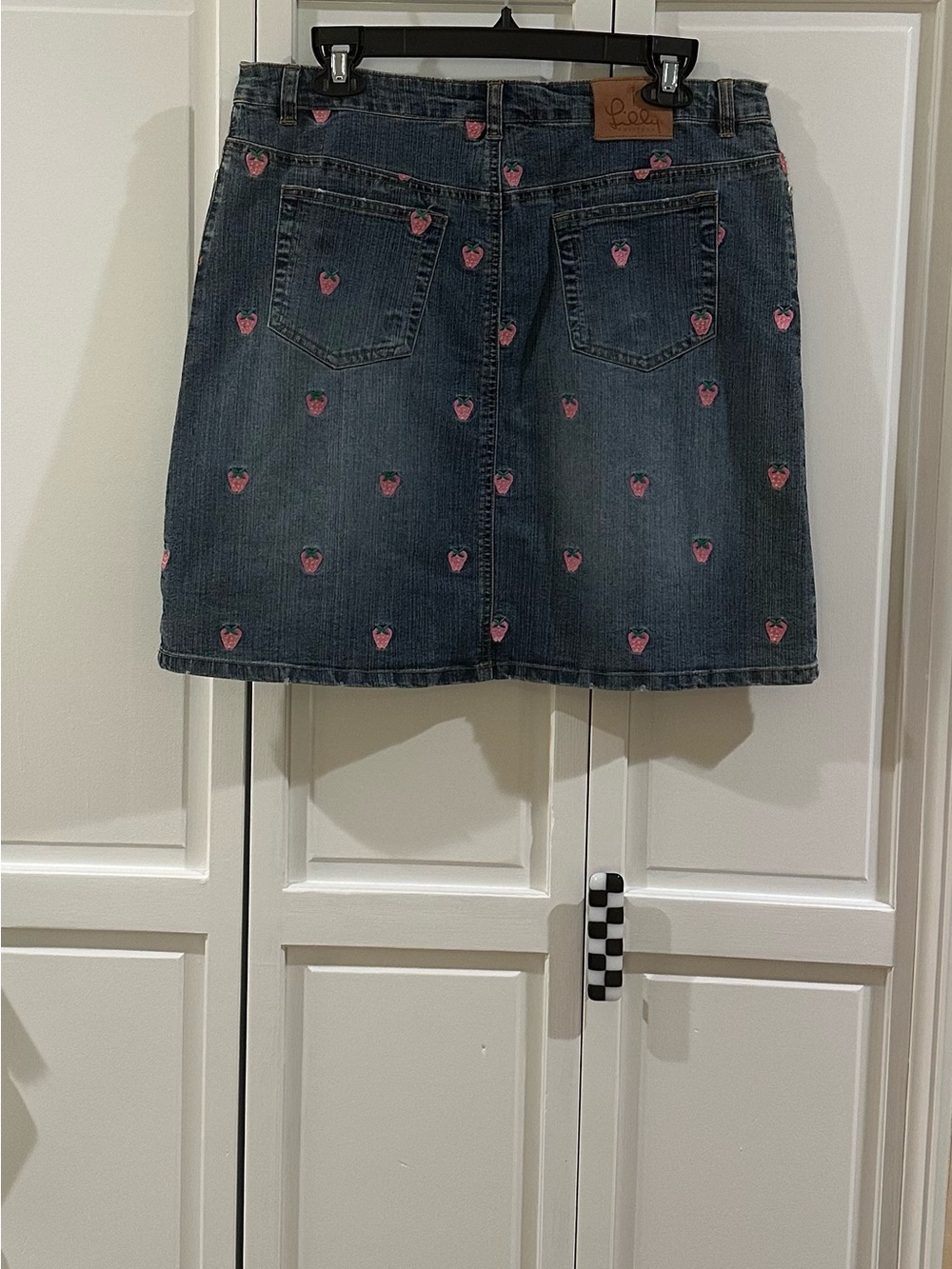 Lilly Pulitzer Dark Blue Denim Mini Skirt with Pink Strawberry Embroidery, 12 - Picture 2 of 5